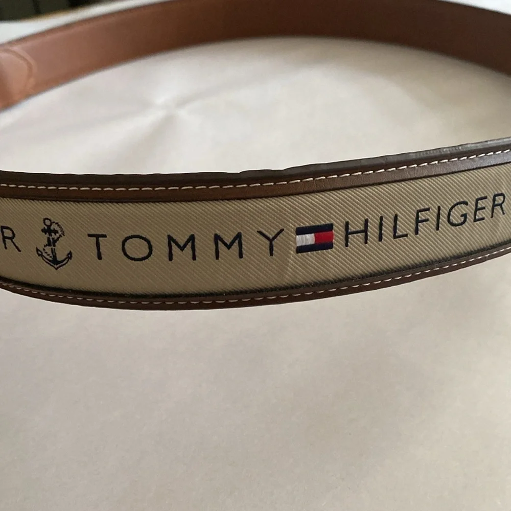 TOMMY HILFIGER Men's Brown Leather Belt Ribbon Logo Contrast Stitching Casual L